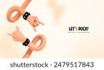 Rock stars arms music vector illustration. 3d cartoon hero hands sign of the Rock festival music banner template. Two hands gesture heavy metal on light blurred background.