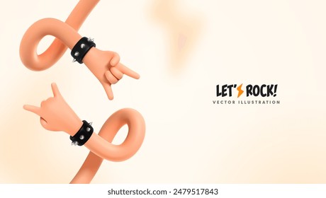 Rock stars arms music vector illustration. 3d cartoon hero hands sign of the Rock festival music banner template. Two hands gesture heavy metal on light blurred background.