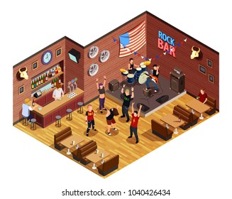 Rock stars in bar isometric composition with musicians on stage, admirers, interior elements vector illustration