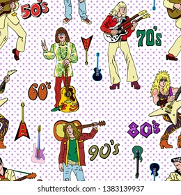 Rock stars and guitars retro comic style seamless pattern. Popular 20th century rock music genres : 50s rock'n'roll, 60s hippie, 70s progressive rock, 80s glam metal, 90s grunge.