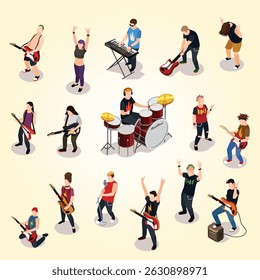 Rock Stars Isometric People sing scenic scenery traveler artist colorful journey universe way fun light performer trail party expression modern exploration musical party audience