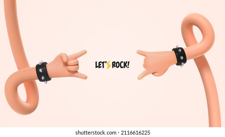 Ilustración vectorial de la música rock stars. Viñeta 3d ui manos heroicas Signo de la. Banner de la pancarta del festival de rock con dos manos gestando brazos aislados de metal pesado.