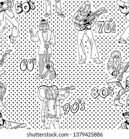 Rock Stars Retro Comic Style Seamless Pattern In Black And White. Popular 20th Century Rock Music Genres : 50s Rock'n'roll, 60s Hippie, 70s Progressive Rock, 80s Glam Metal, 90s Grunge.