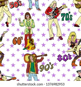 Rock Stars Seamless Pattern. Popular 20th Century Rock Music Styles : 50s Rock'n'roll, 60s Hippie, 70s Progressive Rock, 80s Glam Metal, 90s Grunge. Hand Drawn Sketchy Illustration. Retro Print.