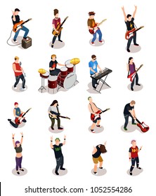 Rock stars set of isometric people with musical instruments including drums, synthesizer, guitars isolated vector illustration  