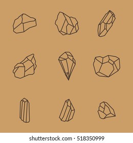 Rock Stone Age Crystal Mineral Minimalistic Line Flat Vector Icon Set