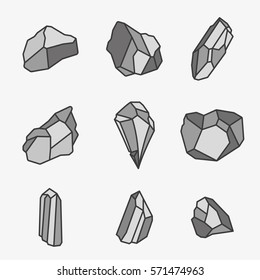 Rock Stone Age Crystal Mineral Minimalistic Line Flat Vector Icon Set