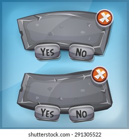 Rock And Stone Agreement Panel For Ui Game/
Illustration of a funny cartoon ui game stone information panel, with buttons for options, acceptance, terms and conditions agreement for apps on tablet pc