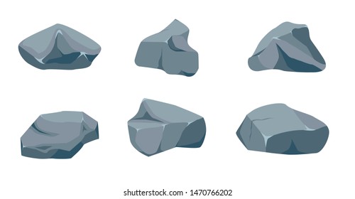 Rock stone big set cartoon. Stones and rocks in isometric 3d flat style. Set of different boulders. Cobblestones of various shapes. Vector Illustration eps 10.