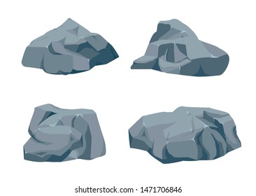 Rock stone big set cartoon. Stones and rocks in isometric 3d flat style. Set of different boulders. Cobblestones of various shapes. Vector Illustration eps 10.