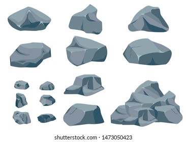Rock stone big set cartoon. Stones and rocks in isometric 3d flat style. Set of different boulders. Cobblestones of various shapes. Vector Illustration eps 10.