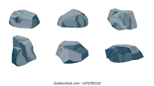 Rock stone big set cartoon. Stones and rocks in isometric 3d flat style. Set of different boulders. Cobblestones of various shapes. Vector Illustration eps 10.