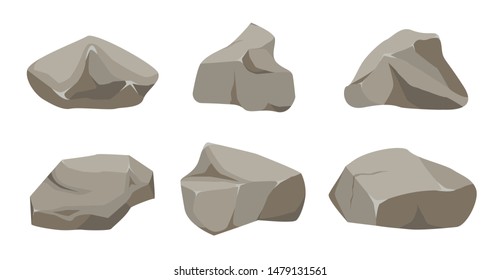 Rock stone big set cartoon. Stones and rocks in isometric 3d flat style. Set of different boulders. Cobblestones of various shapes. Vector Illustration eps 10.