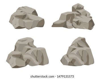 Rock stone big set cartoon. Stones and rocks in isometric 3d flat style. Set of different boulders. Cobblestones of various shapes. Vector Illustration eps 10.