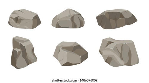 Rock stone big set cartoon. Stones and rocks in isometric 3d flat style. Set of different boulders. Cobblestones of various shapes. Vector Illustration eps 10.