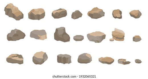 Rock stone big set cartoon. Set of different boulders. Stones and rocks in isometric flat style. Cobblestones of various shapes. Vector Illustration