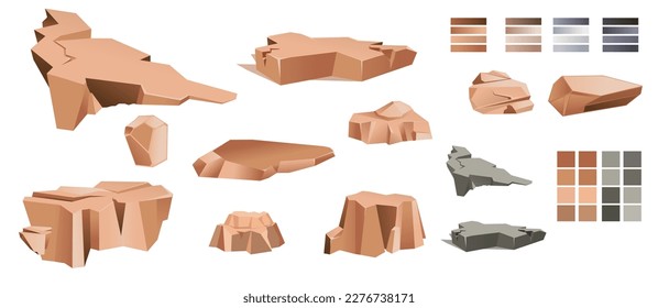 Rock stone big set cartoon. Stones and rocks in isometric 3d flat style. Set of different boulders. Video Game