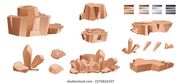 Rock stone big set cartoon. Stones and rocks in isometric 3d flat style. Set of different boulders. Cobblestones of various shapes. Vector Illustration eps 10.