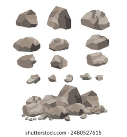 Rock stone big set cartoon. Set of different boulders. Vector illustration in flat design