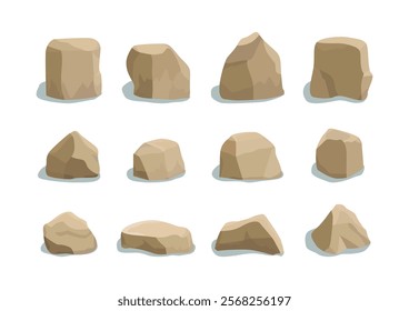 Rock stone big set cartoon. Stones and rocks in isometric flat style. Vector Illustration