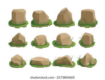 Rock stone big set cartoon. Stones and rocks in isometric style.