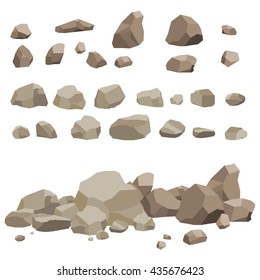 Rock stone big set cartoon. Stones and rocks in isometric 3d flat style. Set of different boulders. Video Game