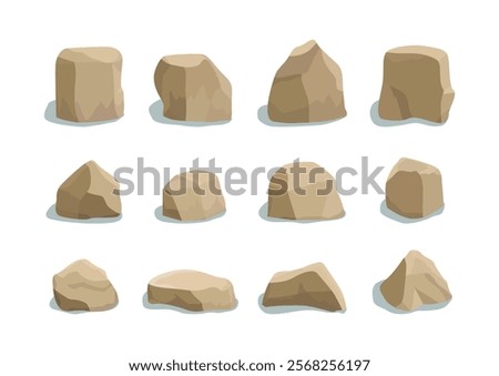 Rock stone big set cartoon. Stones and rocks in isometric flat style. Vector Illustration