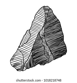 Rock stone. Black and white stone and rock in hand drawn hatching, wood carve style. Big boulder. Vector.