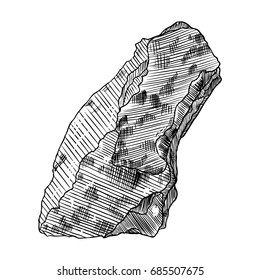 Rock stone. Black and white stone or rock in hand drawn hatching, wood carve style. Boulder. Vector.