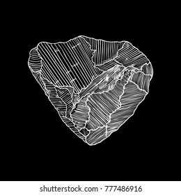 Rock stone. Black and white stone and rock in hand drawn hatching, wood carve style. Big boulder. Vector.