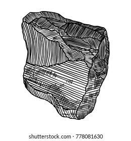 Rock stone. Black and white stone and rock in hand drawn hatching, wood carve style. Big boulder. Vector.