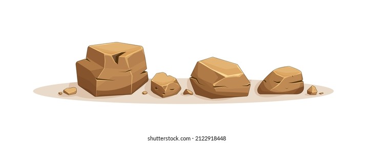 Rock stone, Brownstones. Set of different boulders. Cartoon heap of heavy cobbles. Solid natural building material or mountain landscape element. Pile from large and small rough boulders. Vector