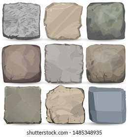 Rock stone cartoon banner set. Square stone interface game panel. Solid stony mineral, Big boulder. Concrete signboard. Granite wall natural background. Vector - Shutterstock ID 1485348935