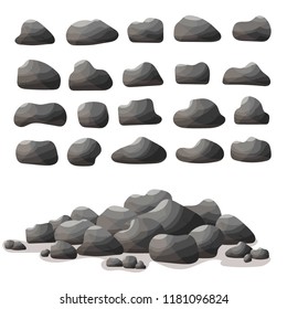 Rock stone cartoon in flat style. Set of different boulders. Natural stones pile. Vector