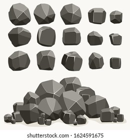 Rock stone cartoon in flat style. Set of different boulders