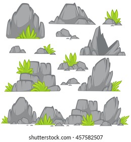 Rock stone cartoon flat style. Set of different boulders with grass. Vector Illustration.