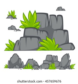 Dibujo de piedra de roca de estilo plano. Conjunto de diferentes rocas con césped. Ilustración vectorial.