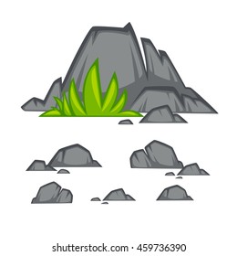Rock-Stein-Cartoon-Stil. Reihe verschiedener Felsen mit Gras. Vektorgrafik.