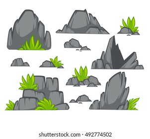 Dibujo de piedra de roca de estilo plano. Conjunto de diferentes rocas con césped. Ilustración vectorial.