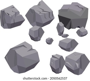 El vector de dibujos animados de piedra rocosa es de estilo plano con diversas formas. Pinturas de dibujos animados de piedras empotradas realistas para la decoración exterior.