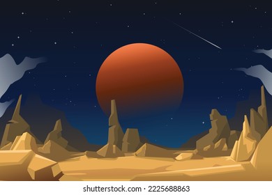 Rock Stone Desert Surface Planet mars Landscape with Starry Dark Sky on Outer Space Backrgound Vector Illustration, good for Game Resource and Science Fiction Education Astronomy Content