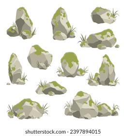 Rock stone formations. Small boulder mountain with grass and moss, big icon with rocky texture, heavy piles. Cobblestones of various shapes, hard rock rubbles. Vector cartoon background