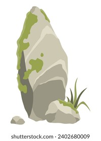 Rock stone formations. Small boulder mountain with grass and moss, big icon with rocky texture, heavy piles. Cobblestones of various shapes, hard rock rubbles. Vector cartoon background