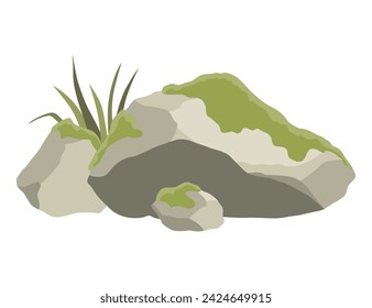 Rock stone formations. Small boulder mountain with grass and moss, big icon with rocky texture, heavy piles. Cobblestones of various shapes, hard rock rubbles. Vector cartoon background
