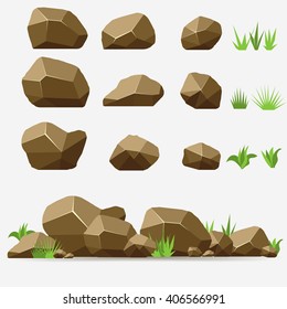 Rock stone with grass. Brown color isometric 3d flat style. Set of different boulders