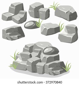 Rock stone with grass. Cartoon isometric 3d flat style. Set of different boulders