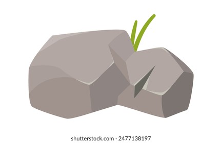 Rock stone with green leaf of grass, cracked boulder of mountain landscape vector illustration