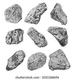 Rock stone hand drawn style. Big set of different boulders. Collection of illustrated cracked and damaged stones rubble architecture design. Gold nugget or prill. Vector.