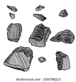 Rock stone hand drawn style. Big set of different boulders. Collection of illustrated cracked and damaged stones rubble architecture design. Gold nugget or prill. Vector.