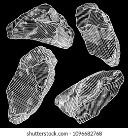 Rock stone hand drawn style. Big set of different boulders. Collection of illustrated cracked and damaged stones rubble architecture design. Gold nugget or prill. Vector.